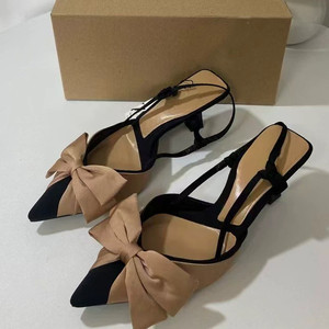 French Style Heel <b>Sandals</b> for Women - Pointed Toe Bow Decoration Color Block Cutout Heel with Back Strap - Product Image 1