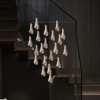 Lustre gouttes de pluie en cristal d'escalier éclairage rond grand lustre pendentif haut plafond luxe longue goutte de pluie lustre
