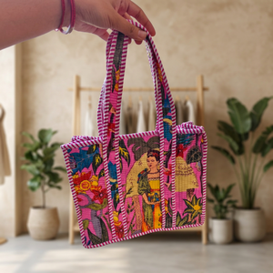 Sac fourre-tout en coton matelassé à imprimé blocs d'inspiration patrimoniale, élégant sac à bandoulière pour le voyage et le shopping, sac réutilisable pour la vie quotidienne et le travail - Product Image 4