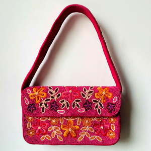 Handmade Embroidered with Polyester and Glass Beads Floral Rectangular Shoulder <b>Handbag</b> Pink <b>Orange</b> Washable Souvenir - Product Image 1