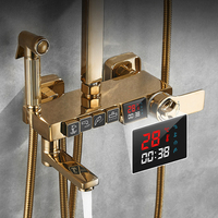 Offre Spéciale – Ensemble de Douche Thermostatique Contemporain pour Salle de Bain avec Affichage Numérique LED, Fixation Murale, Couleur Or, Laiton Chromé – Idéal Hôtels