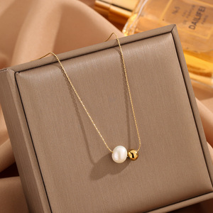 Hypoallergenic <strong>Freshwater</strong> <strong>Pearl</strong> Ball <strong>Necklace</strong> Adjustable 18K Gold Plated <strong>Necklace</strong> for Women - Product Image 1