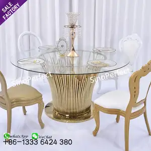 Produk baru Top kaca emas bulat baja tahan karat mewah meja dan kursi untuk penyewaan pesta