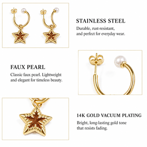 Boucles d'oreilles créoles avec breloque étoile et fausse perle, en acier inoxydable plaqué or 14 carats sous vide - Product Image 4