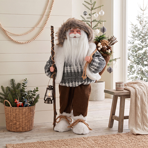 Grey Fair Isle Knit <b>Santa</b> Claus Figure with Walking Stick Lantern for Alpine Chalet Xmas Decor - Product Image 1