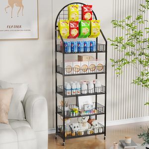 Heavy-Duty 5-Tier đen kim loại snack Rack hiển thị đứng thân thiện với môi bán lẻ Kệ bánh xe móc cho nhà bếp giá - Product Image 6