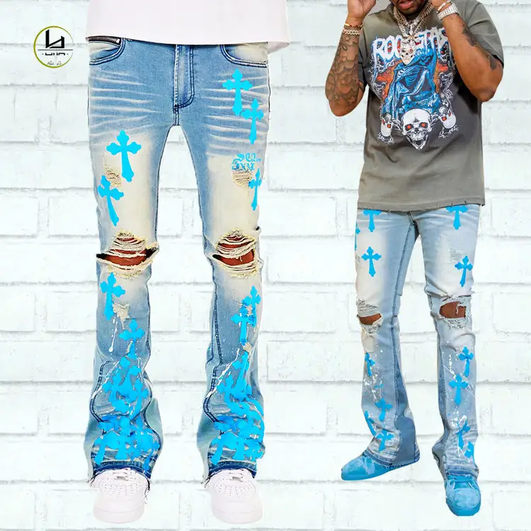 HL manufacturer wash ripped denim pants wholesale custom black straight leg distressed fade print flare jeans men