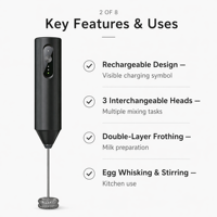 Mousseur à lait rechargeable Type-C, 3 vitesses, portatif, avec 3 fouets en acier inoxydable pour café, latte, matcha, œufs