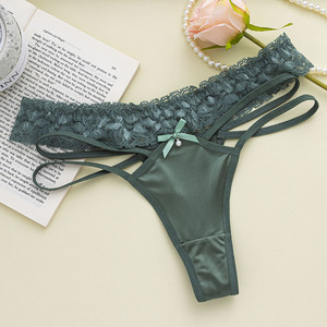 Tanga de encaje para mujer al por mayor, color liso, tiras cruzadas laterales, bragas de talle bajo, elegantes, de satén, sexys, tipo T-back para mujer - Product Image 1