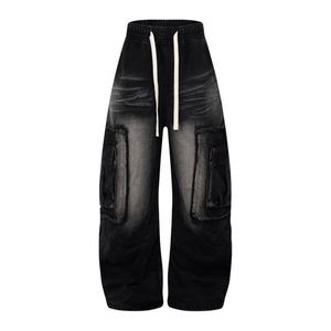 Jeans Cargo de Pierna Ancha para Hombre, Color Azul Claro, Estilo Vintage, Lavado, Cintura con Cordón Ajustable, Bolsillos con Parches Desgastados, Transpirables y Modernos - Product Image 5