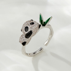 MyMuYu Chinese Style Panda Bamboo Leaf Open Ring Micro Pave Adjustable Animal Fashion Ring Gift - Product Image 4