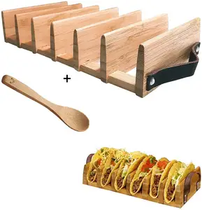 Wooden 8 Taco Holder Stand Rack Tacos Holders Bamboo Food Plates Taco Appetizer Tray Stand Up Holds Truck Tray
