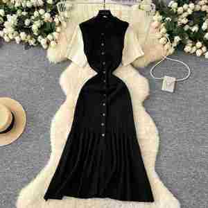 Vestido Maxi de Invierno 2024 con Cuello Redondo, Tejido a Crochet, Acrílico, para Mujer, Manga Corta, Estilo Imperio, con Encaje, Transpirable, Ecológico, Vintage - Product Image 1
