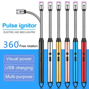 Pemantik api barbeku elektrik 360 derajat, pemantik api lilin panjang tanpa api tahan angin dapat diisi ulang USB dengan rotasi bebas