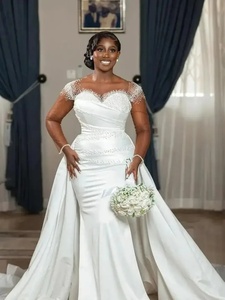 Vestido de Novia Moderno Personalizable Estilo Sirena con Falda de Satén Desmontable, Manga Larga y Decoración de Encaje, Vestido de Novia Africano Talla Grande - Product Image 1
