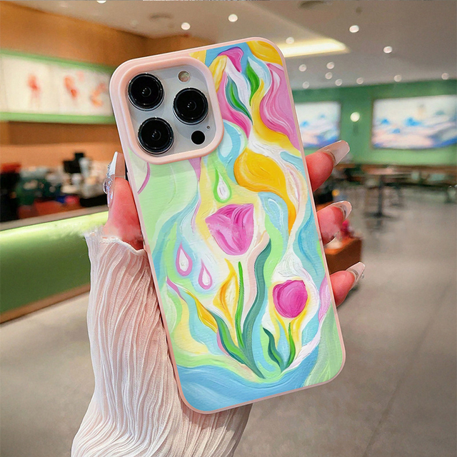 Painting Tulip Flower Photo Printing Pure Color Silicone TPU Mobile Phone Cover Case for Iphone 11 12 13 14 15 16 17 18 Pro Max
