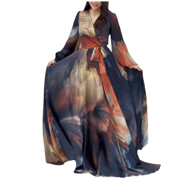 Flower Printing Tie-dye Pattern Women Floral Maxi Dress