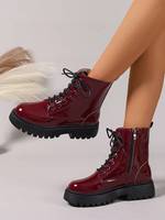 Botines de combate de charol burdeos para mujer con cordones, plataforma gruesa, suela de tacos y cremallera lateral, venta al por mayor, logotipo personalizado