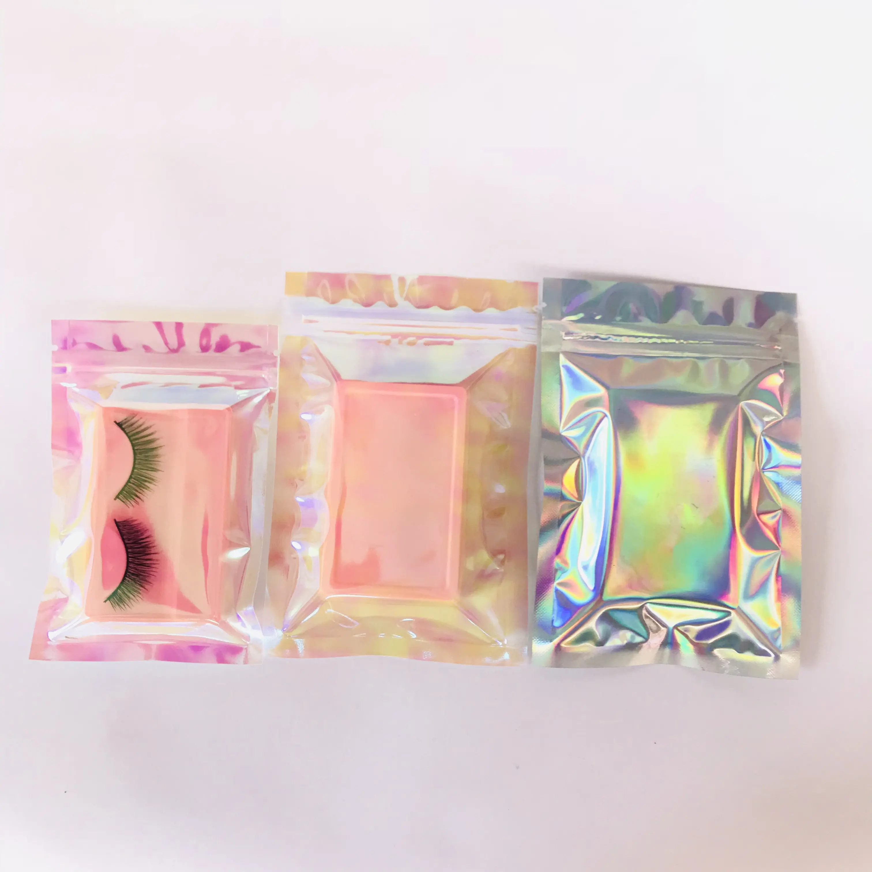 Sacos zip lock bolsa de maquiagem saco de celofane iridescente iridescente holográfico