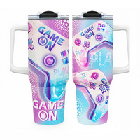 Vaso de 40 oz con asa, impresión 3D creativa, con pajita, libre de BPA, doble pared, vaso de acero inoxidable de 40 oz