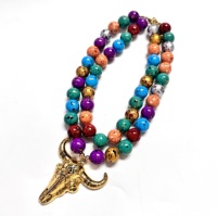 Nouvel Arrivage Collier Chunky Double Couche Perlé Coloré Tendance avec Pendentif Tête de Taureau et Corne d'Animal, Bijou Cadeau pour Femme et Homme pour Fête