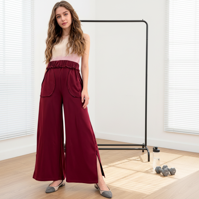 Wholesale Ruffle Waist Side Slit Wide Leg Pants Soft Loose Pocket Women Casual Trousers OEM Custom