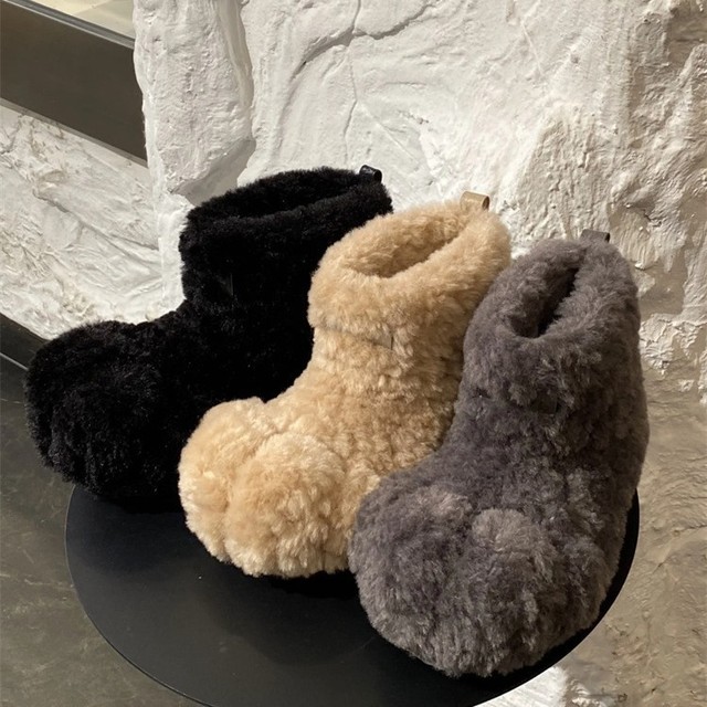 Xinzirain Custom Winter New Short Fur Boots Faux Fur Cat Paw Style Warm Lining Women Mid Calf Flat Heel Snow Boots for Ladies