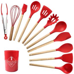 Wholesale 12-piece Wooden Handle Silicone Kitchenware Set Non-stick Cooking Storage Barrel Home Supplies Factory in Stock - Product Image 1