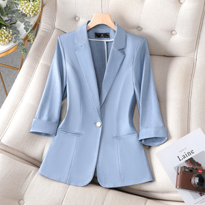 Women's Blazer Mid Sleeve Blue Suit Jacket Professional Workwear Slim Fit Elegant Office Wear - Product Image 1
