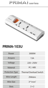 New Arrivals PRIMA Child Proof <b>Power</b> Strip Overload Protector Multiple <b>Socket</b> with 4 <b>USB</b> Fast Charge & Safety Shutter - Product Image 2
