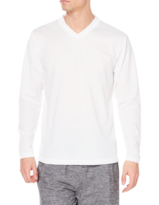 Camiseta de Manga Larga con Cuello en V para Hombre, 100% Algodón, Tejido Transpirable, Corte Regular, Color Blanco Sólido, Ropa Casual - Product Image 1