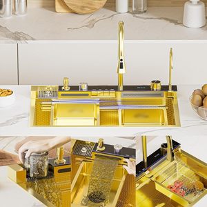 Fregadero de Cocina con Pantalla Digital de 750*460 mm, Moderno y Elegante, de Acero Inoxidable Dorado 304, con Grifo de un Solo Orificio de 110 mm - Product Image 2