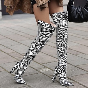 Bottes hautes pour femmes à talon épais, imprimé zèbre, grande taille 43, fermeture éclair arrière, bout pointu, bottes hautes pour l'hiver, bottes hautes pour femmes - Product Image 2