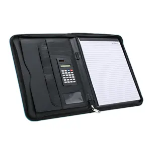 A4ซิป Padfolio โฟลเดอร์ผลงานที่กำหนดเองมืออาชีพธุรกิจวินเทจออแกไนเซอร์ที่มีเครื่องคิดเลข