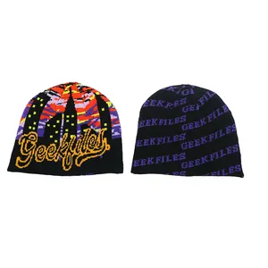 Designer Custom Jacquard Knit Short Cuffless Streetwear Reversible Beanie Hat Skull Caps With Logo