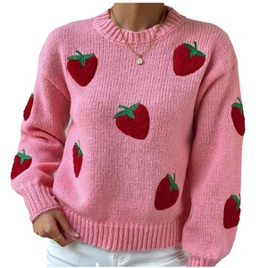 Suéter de <span class=keywords><strong>punto</strong></span> jacquard suave y pesado con bordado de fresa y mangas abullonadas para mujer, tipo cárdigan, OEM - Product Image 1