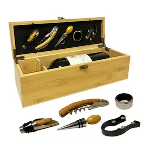 Grosir Aksesori Dekoratif Premium Kemasan Bambu Kayu Pembuka Anggur Merah Set Kotak Hadiah Mewah untuk Botol Anggur dari Cina