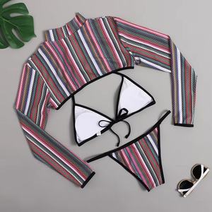 Maillots de bain pour femmes, imprimés avec un logo personnalisé, à rayures, dos nu, triangle, grande taille, ensemble de 3 pièces, bikinis, vêtements de plage - Product Image 2