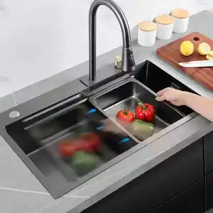 Hot Sale Ware Wash Basin Double Bowl SUS Stainless Steel Handmade Rectangular Kitchen Undermount Sink With Waterfall Faucet
