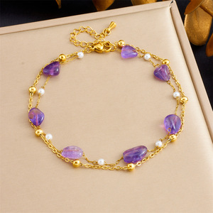 Ocean Whale Tail Double Layer Anklet Gold Stainless Steel Natural Purple Crystal Pearl Bead Starfish Gold Plated Jewelry Anklets - Product Image 4
