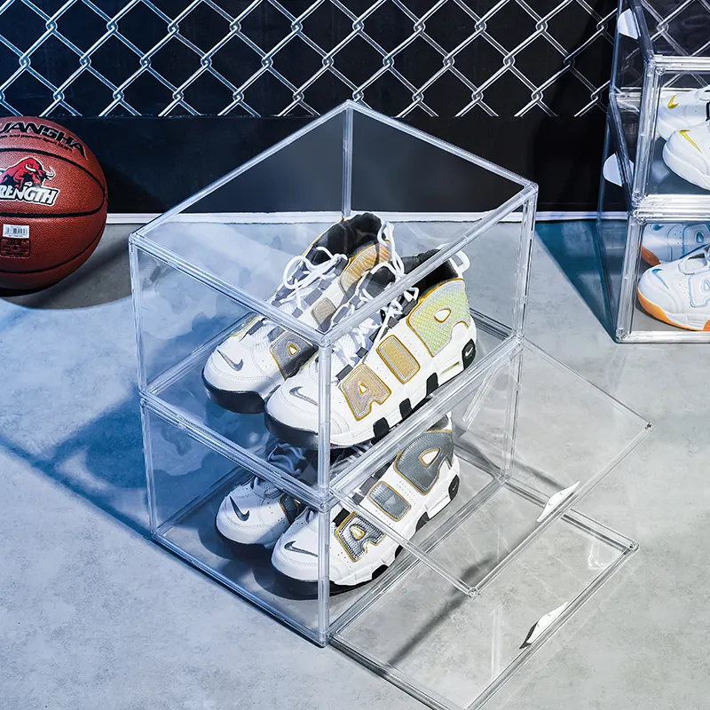 핫 사이드 오픈 접이식 맞춤형 로고 OEM 자이언트 신발 케이스 보관 운동화 상자 마그네틱 쌓을 수있는 투명 신발 상자 플라스틱