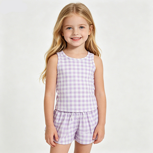 Ensemble de tenue de tennis pour petites filles, motif gingham violet, débardeur sans manches à col rond extensible et doux pour enfants, short fluide coupe crayon - Product Image 1