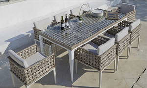 Ensemble de salle à manger de luxe 8 places, mobilier moderne en rotin synthétique, table avec plateau en verre, chaise en osier, cadre en aluminium, hôtels, gymnases - Product Image 4