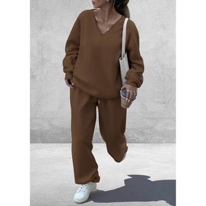 Ensemble de survêtement décontracté en maille pour femme FOXA, col en V, pantalon large, tenue d'automne respirante à manches longues - Product Image 6