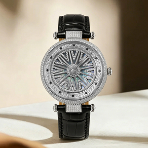 Montre pour femme avec cadran rotatif porte-bonheur, sertie de diamants, cristal saphir, 38 mm, bracelet en acier inoxydable et cuir - Product Image 2