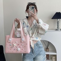 Sac de plage en EVA personnalisé avec logo, deux poignées, pliable, couleur bonbon, avec breloques en silicone, insert en pompon, perles et diamants – Vente en gros