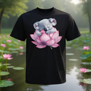 T-shirt Koala Hugging Lotus Flower Noir Unisexe Adulte Col Rond Manches Courtes Imprimé Numérique Usage Promotionnel Tailles S M L XL XXL - Product Image 3