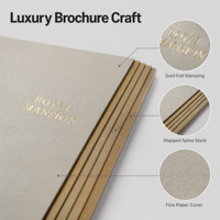 Impression de brochures immobilières de luxe personnalisées, vente directe d'usine OEM, papier kraft, estampage à chaud en or, motif vague nuageuse