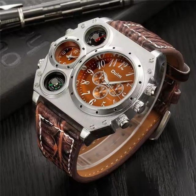 Oulm 1349 Fashion Brand Sport Big Dial Male Watch Two Time Zone Men's Wristwatches Casual Leather Strap Quartz Movement Watches