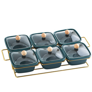 Nouvelles collations carrées créatives noix assiette de fruits secs assiettes en céramique avec couvercle en verre support en métal - Product Image 1